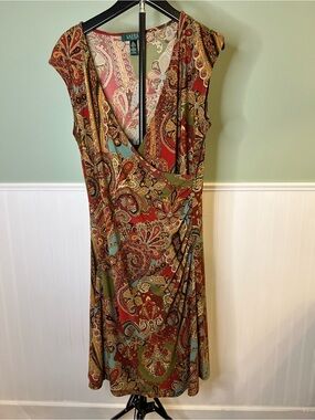 Ralph Lauren Petite Red Multi Paisley Wrap-Style Midi Dress. Size L